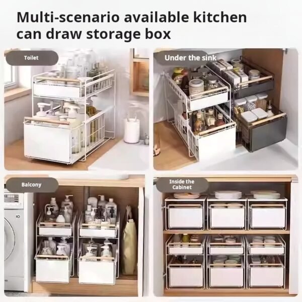 Kitchen under-sink storage rack, multi-functional spice bowl and plate pull-out storage rack, cabinet pull-out basket, and tiered rack. - Image 3
