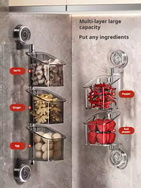 Onion, ginger, garlic, and chili pepper storage box, multi-functional kitchen storage rack, suction cup wall-mounted storage device - Image 4
