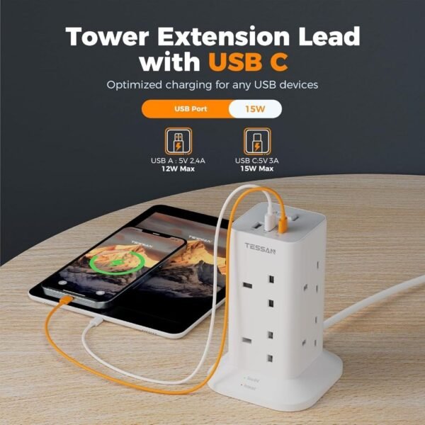 Tower Extension Plug with USB Type C Multi Plug Extension Socket Safety Mark Surge Protector - Image 2